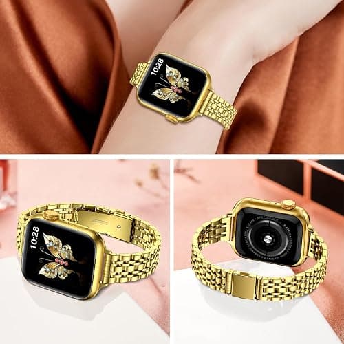 MioHHR Slim Metal Band Compatible with Apple Watch Bands 42/41/40/38mm | Thin Luxury Stainless Steel iWatch Bands Series 11/10/9/8/7/6/5/4/3/2/1/SE3/SE2/SE for Women,Gold thumbnail 2