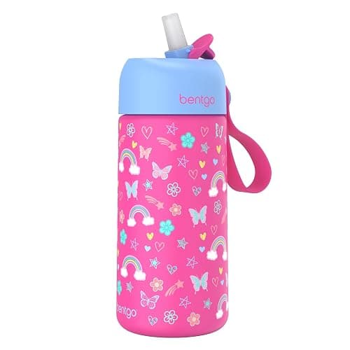 Bentgo® Kids Stainless Steel Insulated Water Bottle - Leak-Proof; Keeps Cool for 12 Hours; Durable, BPA-Free, Dishwasher Safe 14 oz. Cup for Ages 3+ for School/Sports/Daycare (Rainbows & Butterflies) - Image 1