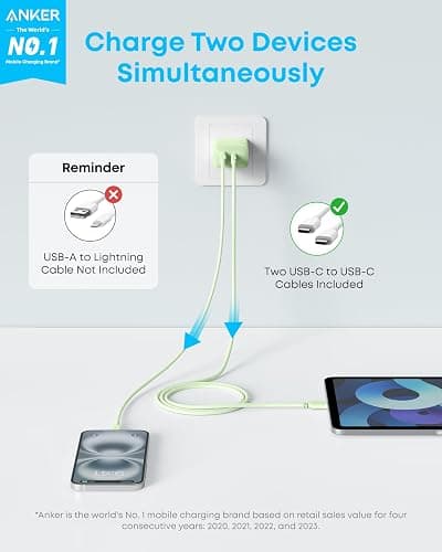 Anker iPhone Charger, 2-Pack 20W Fast USB C Charger Block, Type C Charger Fast Charging for iPhone 17/17 Pro Max/16 Series/iPad Pro and More (Green, 2 Pack & 2 Cable) thumbnail 2