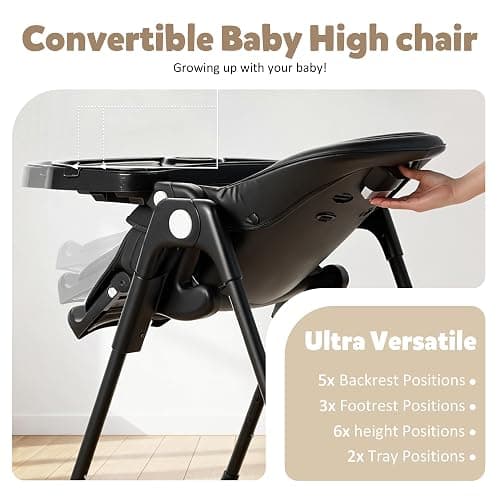 TODEFULL 3 in 1 Foldable Baby High Chair, Infant High Chairs for Babies and Toddlers, 6 Height & 5 Recline Adjustable Toddler Feeding Chair, 2 Tray Depth & 3 Footrest Angles, 2 Built-in Wheels, Black thumbnail 3