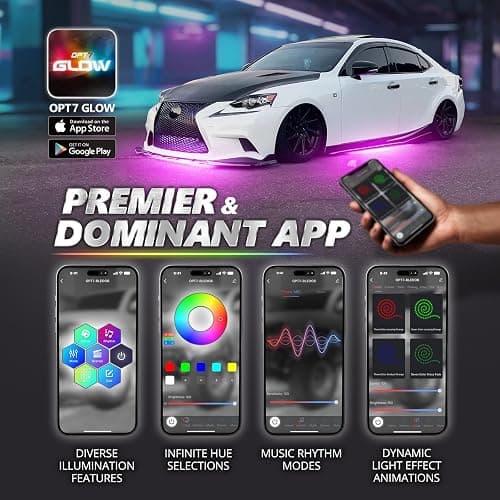 OPT7 Aura Pro Underglow LED Lights Kit for Car with APP & Remote Control, RGB Multicolor Modes, Music Sync, Waterproof Rigid Aluminum Light Bar, Exterior Neon Accent Underbody Lighting Kit thumbnail 3