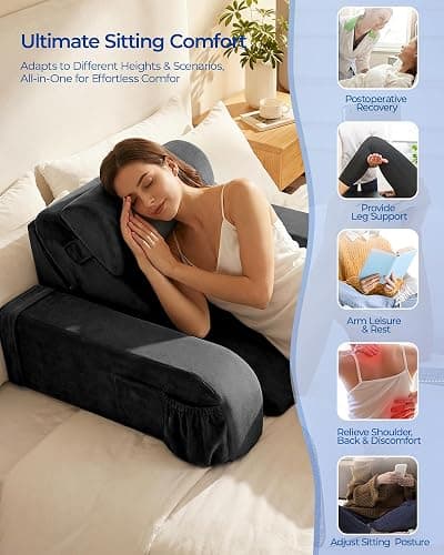 Kayfia Reading Pillow with 30-90° Stepless Adjustable Angle & Height, 2 in 1 Back Wedge Pillow for Bed Sitting up, Backrest Pillow for Reading/Gaming/Working in Bed or Couch, Medium, Black thumbnail 8