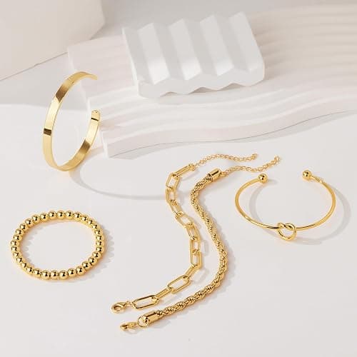 Gokeey Gold Bracelets for Women Non Tarnish, 14K Gold Plated Chunky Cuff Bracelet Gold Bangles Bracelet for Women Trendy Tie Knot Cuban Rope Paperclip Beaded Bracelet Stack Jewelry Gifts thumbnail 6