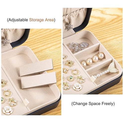 LANDICI Small Jewelry Box for Women Girls, PU Leather Travel Jewelry Case, Portable Jewelry Organizer Storage Holder Display for Ring Earrings Necklace Brooch Men Kids Gift, Dark Blue thumbnail 6