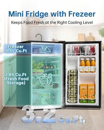 Frostorm 3.2 Cu Ft Mini Fridge with Freezer - Energy Efficient, Large Capacity Single Door Upright Freezer for Bedroom, Office & Dorm | Small Fridge, Reversible Door, ETL Certified(Silver) thumbnail 3