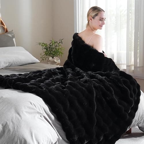 BENVWE Faux Fur Throw Blanket for Couch - Thickened Fluffy Soft Bubble Blanket for Living Room Home Decor - Fathers Day Birthday Gifts for Women Men, Black, 50" x 60",1300GSM thumbnail 6