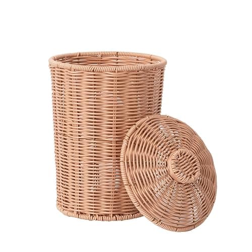 GRANNY SAYS Wicker Small Bathroom Trash Can with Lid, 2 Gallon Cute Decorative Waste Basket for Bedroom and Dorm, Office Garbage Cans for Under Desk, Mini Round Trash Bin for Decor, Nude Color - Image 1