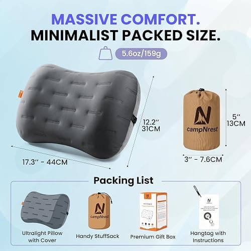Inflatable Camping Pillow - Ultralight Compact Air Pillow for Travel, Backpacking & Hiking - Ergonomic Neck & Lumbar Support - Portable Inflatable Pillow with Removable Washable Cover - (Grey 2 Pack) thumbnail 2