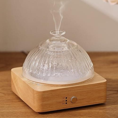 Lecdura Glass Essential Oil Diffuser with Glass Reservoir & WoodBase, 200ml Ultrasonic Lock Color Timer Auto-Off 7 Color Light Aroma Glass Dome Diffuser for Home Office Bedroom Yoga - Image 1