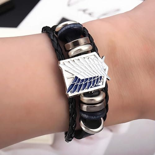 Attack on Titan Wings of Freedom Leather Anime Bracelet Survey Corps Gift | Wings of Freedom zinc alloy emblem, turquoise and silver beads, genuine leather, snap buckles, 8.7 in, 0.4 oz thumbnail 3