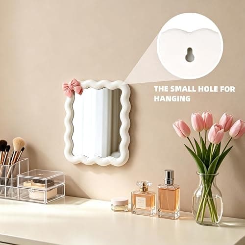 Wave Desk Makeup Mirror with Adhesive Bow,Office Mirror 6.7x5.3In(White) | for Standing or Hanging;Wave Shape;Thickened Plastic and Glass Material;One Sided Mirror;No Magnification thumbnail 4