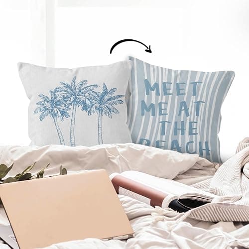 HIWX Tropical Coastal Beach Pillow Covers 18x18 Double-Sided, Coastal Beachy Room Decor Aesthetic, Palm Tree Meet Me at The Beach Decorative Pillow Covers for Couch Bed Home Bedroom Decor thumbnail 6