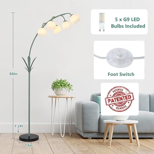 HMVPL Arc Floor Lamp for Living Room, Flower Floor Lamp with 5 G9 LED Bulbs, Foot Switch, Green Floral Standing Lamp with Acrylic Shade, Curved Tall Lamp for Living Room Bedroom Corner Kids Reading thumbnail 4