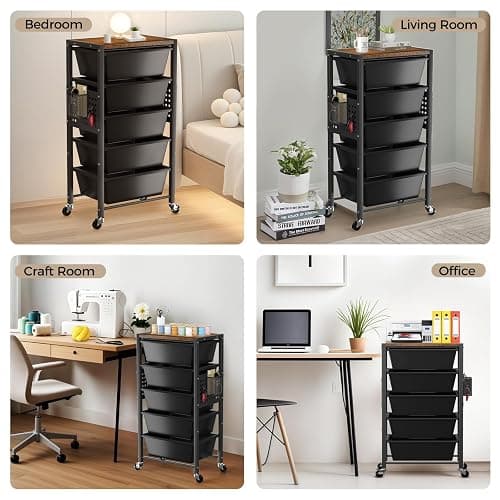 Rolling Cart with 5 Drawers, Plastic Drawer Storage Carts with Wheels & Wooden Tabletop, Metal Utility Cart with Pegboards, Office Living Room Classroom Craft Organization and Storage, Dark Black thumbnail 6