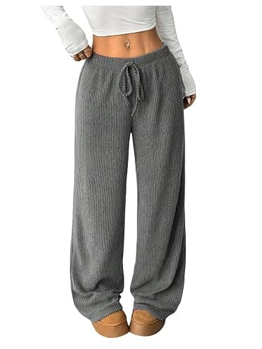 OYOANGLE Women's Ribbed Knit Drawstring Waist Straight Leg Pants Comfy Lounge Trousers - Image 1