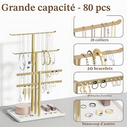 Organisateur de Support à Bijoux à 3 Niveaux - Support Solide pour 80 Pièces de Bijoux - Porte-Bijoux Doré - Porte-Bijoux pour Colliers, Boucles d'oreilles, Bracelets, Bagues - Cadeau pour Femmes thumbnail 4