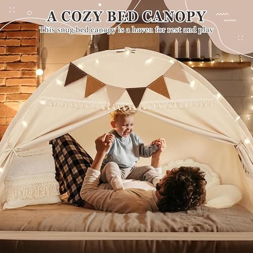 Twin Size Bed Tent Canopy, Kids Play Tent with Flags & Star Lights, Canopy on Bed Privacy Space Sleeping Blackout Tents, Indoor Breathable Portable & Foldable, Girls & Boys Gifts, Cream Tassels Style thumbnail 8
