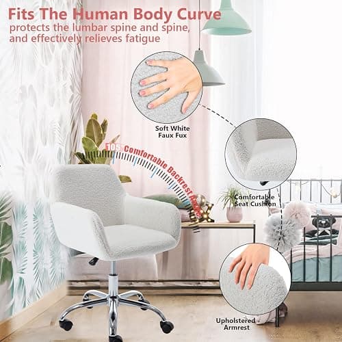 HomVent Faux Fur Home Office Chair for Women Girl, Modern Accent Chair Furry Makeup Desk Chairs with Rolling Wheels Armrest for Living Room Bedroom Office Vanity White thumbnail 4