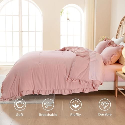 Litanika Full Size Comforter Sets, 3 Pieces Blush Pink Ruffle Girls Women Cute Bedding Comforters & Sets, Lightweight Fluffy Microfiber as Gift (79x90In Comforter & 2 Pillowcases) thumbnail 5