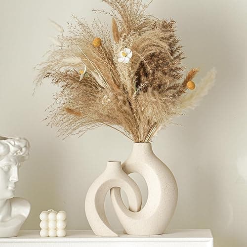 Lvases Snuggle Hollow Ceramic Vase Set of 2, Boho Home Decor for Tabletop | Modern Nordic Flower Vase for Pampas Grass, Decorative Coffee-Table Centerpiece for Living Room, 6.3 x 8.4 in, Milky White thumbnail 4