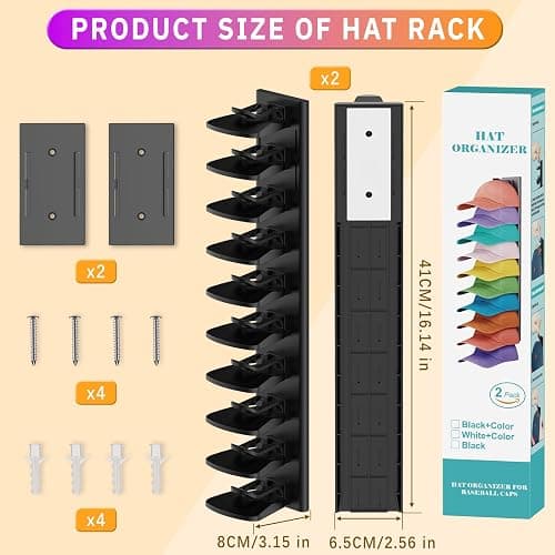 Volnamal Hat Organizer for Baseball Caps, 2 Pack Hold Up to 40 Hats | Hat Rack for Wall Space Saving, Hat Hanger w/Strong Adhesive Hat Storage Holder Display for Closet Door and Wall (Black) thumbnail 2