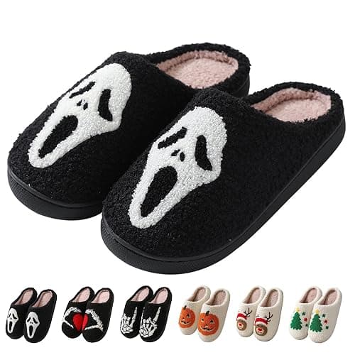 Zuiyisu Halloween Slippers for Women Men, Soft Plush Fuzzy Winter holiday slippers, Retro Cozy House Slippers, Comfy Bedroom Christmas Slippers Indoor Outdoor Shoes - Halloweenhead - 10-11 Women/9.5-10 Men - Image 1