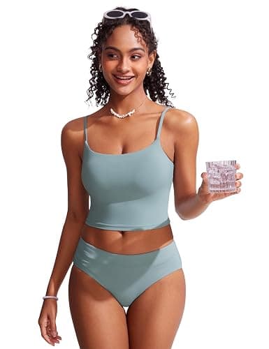 CRZ YOGA Cami Strap Bikini Tops for Women - Padded Scoop Neck Longline Swimsuit Adjustable Bathing Suit Crop Tankini thumbnail 3