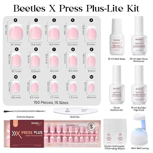 Beetles X Press Plus On Nails Kit-Short Square French Tip Press On Nails Kit with 150Pcs Pink French Nail Tips Nail Glue & Remover Builder Top Coat Nail Lamp,All-in-One DIY Fake Nails Gift for Women thumbnail 5