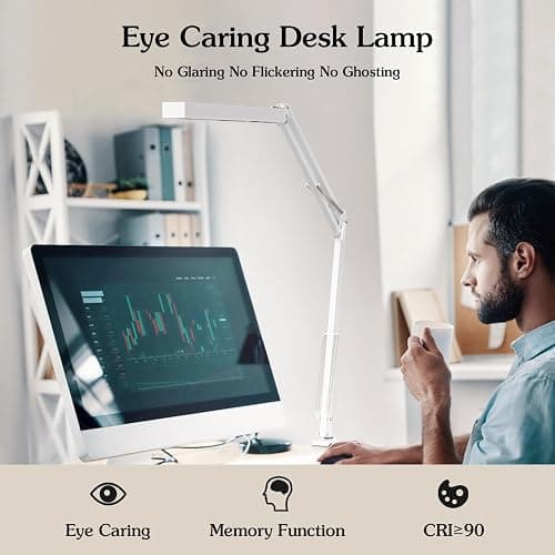 BZBRLZ LED Desk Lamp, Manicure Table Lamp, 16" Lamp Head, Dimmable Eye-Caring Drafting Light with 3 Color Modes, 10 Brightness Levels & Adapter, Memory Function(White) thumbnail 5