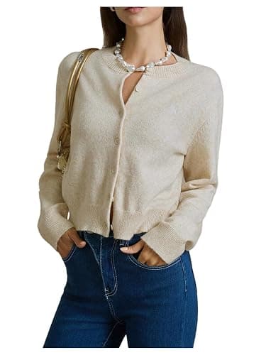 SOLY HUX Women's Button Down Long Sleeve Crewneck Crop Cardigan Sweater Cute Knitwear Clothes - Small - Solid Apricot - Image 1