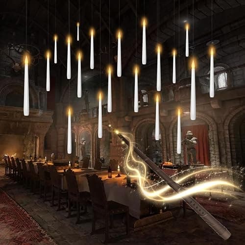 kakoya Flameless Floating Candles with Wand，20 Pcs Magic LED Hanging Taper Candles，Flickering Battery Operated Taper Candle with Wand Remote for Halloween Decorations Best Gift（White） - Image 1
