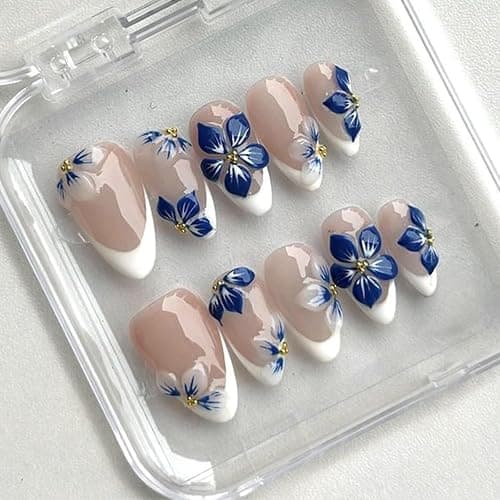 24Pcs White French Tip Press on Nails Medium Almond 3D Flower Fake Nails with Gold Pearl Designs Glossy Artificial Acrylic Full Cover False Nails Blue Floral Nails Summer Press ons for Women Manicure - Image 1