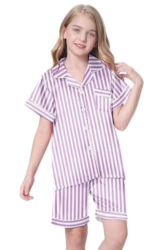 Schbbbta Girls Womens Pajamas, Satin Silky Pjs Set Kids 2Pcs Button-Down Nightwear Sleepwear Gift for Mommy and me thumbnail 4