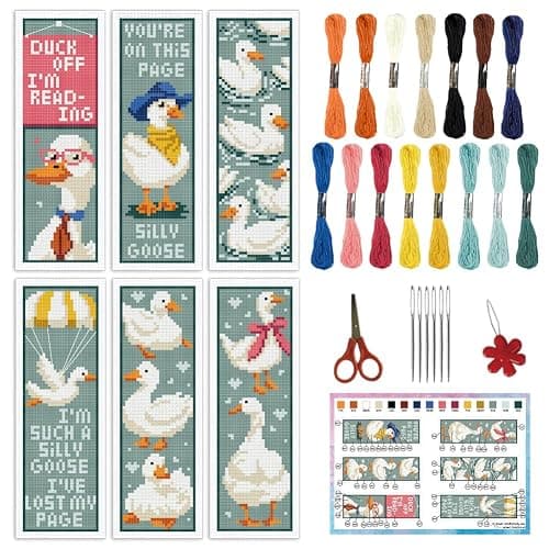 INFUNLY 6PCS Duck Cross Stitch Bookmark Kit for Beginners 2.99''×8.54'' Duckling Stamped Embroidery Bookmark Kits with Words Animals Needlepoint Bookmark Kit with Instruction for Book Lovers Readers - Image 1