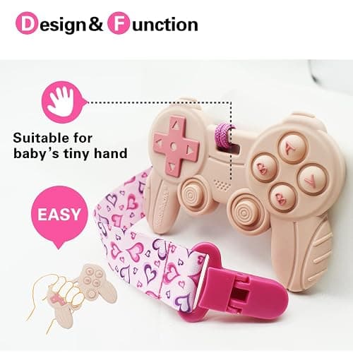 Cool Remote Game Control Teething Toy for Babies 0-6 6-12 Months,Game Controller Teether for Gamer Parents,Baby's First Valentines Day Gifts,Silicone Remote Chew Toys（Pink thumbnail 4
