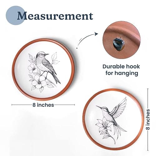 FINE LIVING 8 Inch Hummingbird Wall Art Terracotta Plates Set of 2, Ceramic Wall Hanging Clay Decorative Plates for Boho Decor, Aesthetic Rustic Farmhouse Decor for Living Room, Kitchen & Bedroom thumbnail 3