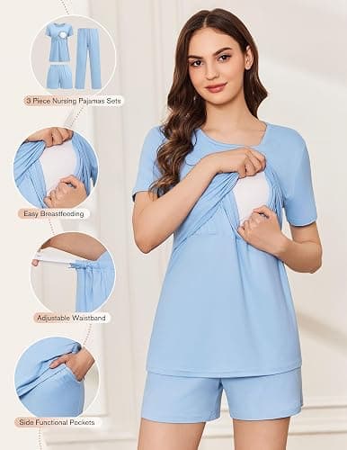 Ekouaer 3 Piece Postpartum Nursing Pajamas Set Short Sleeve Breastfeeding Shirts Pregnancy Shorts & Pants Maternity Pjs thumbnail 2