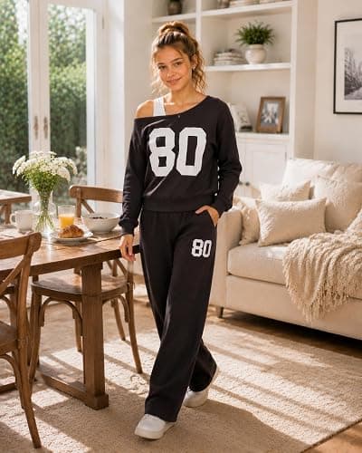 Kxuryueo Tween Girls Clothes Off The Shoulder Sweatshirt and Wide Leg Sweatpants Sweatsuit Size 7-14 thumbnail 2