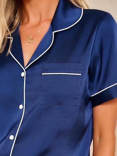 small LILLUSORY Silk Satin Pajama Set for Women 2 Piece Lounge Pjs Winter Matching Summer Sleepwear Button Down Shirt Shorts thumbnail 5