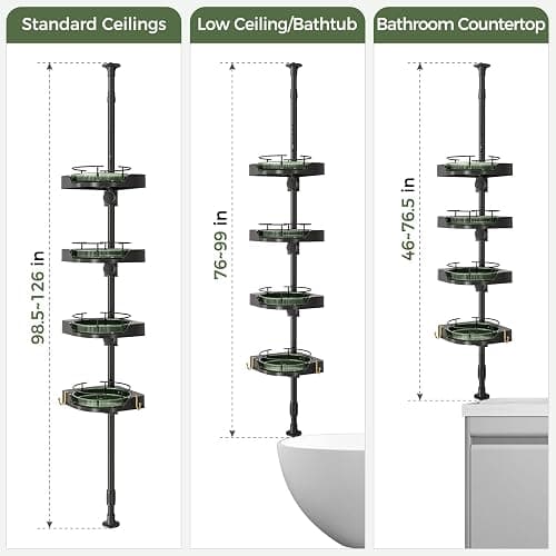 AKINBAS 360° Rotating Shower Caddy Tension Pole with 4-Tier Rustproof Lazy Susan 35-128 Inch No Drilling Coner Shelves Adjustable Shower Rack for Bathroom Bathtub Washbasin Plant Storage (Black+Green) thumbnail 3