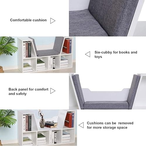 HOMCOM Bookcase Storage Shelf with Cushioned Reading Seat, Cube Bookshelf Organizer for Bedroom Living Room, White - White thumbnail 4