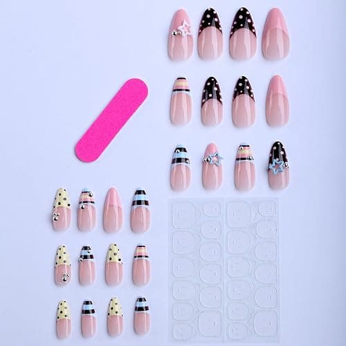 octoswave Long Almond Press on Nails Y2K Star Charms False Nail 24Pcs | French Tip Fake Nails Polka Dots Artificial Nail for Women Girls, Party Romantic Date thumbnail 3