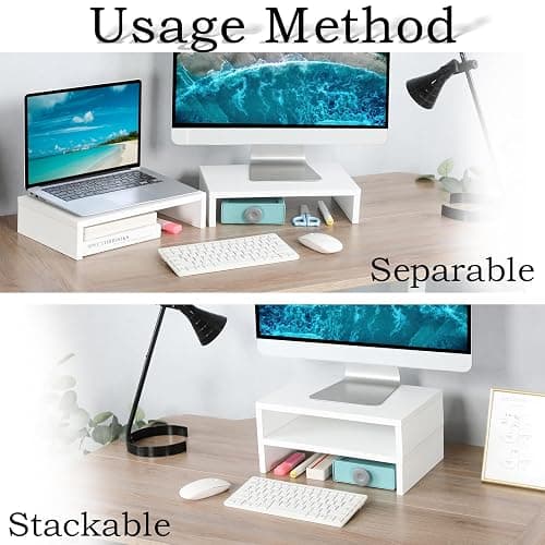 TEAMIX White Monitor Stand Riser, 2 Pack Wood | Dual Stand for 2 monitors. Holds 80 lbs, Stack or Separate Adjustable Use, Fits laptop, TV, PC. For Home Office, Gaming thumbnail 4
