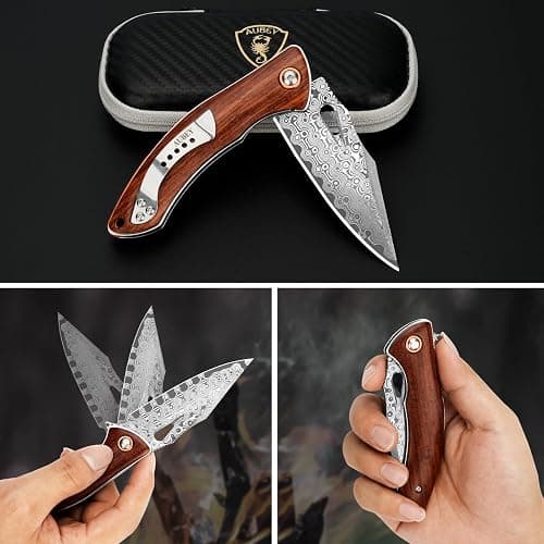 AUBEY Damascus Folding Knife with Clip, Pocket Knife with Wood Handle, EDC Knife for Outdoor Hiking Camping Collection (3.19" Blade) thumbnail 8