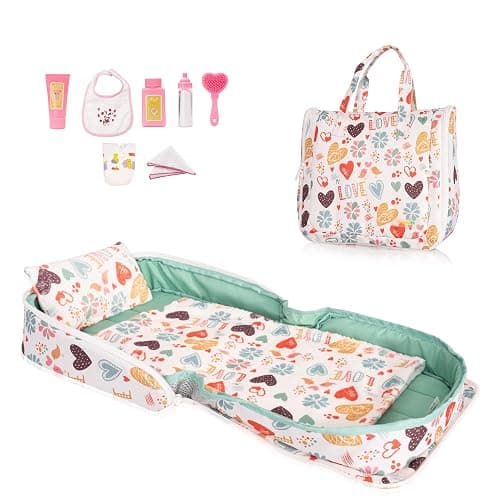 HappyVk Baby Doll Bed Set-Portable Doll Bassinet for Dolls up to 21 inches - Handbag for Girl - Love Design - Image 1