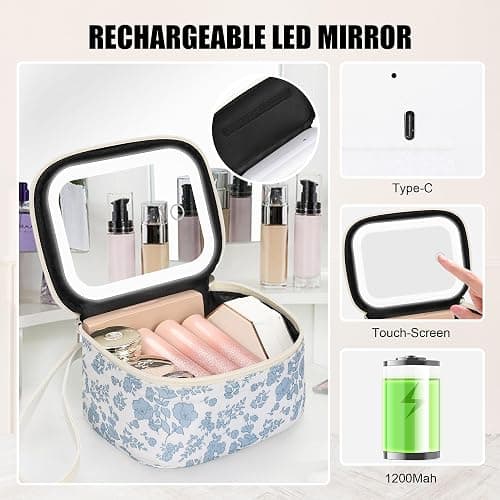 Relavel Mini Makeup Bag with Led Mirror, Small Floral Cosmetic Bag with 3 Light Modes, Rechargeable Portable Makeup Pouch with Hands-Free Wrist Strap for Pool Parties丨Work Touch-Ups丨Travel thumbnail 3
