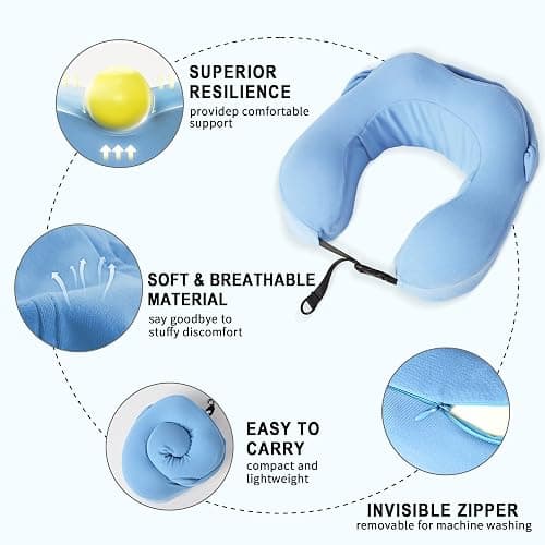 ALLINCOZY Travel Pillow with Hood for Airplane, 100% Pure Memory Foam Hooded Neck Pillow for Traveling, Car, Office, Soft, Machine Washable, Easy Storage, Blue - Blue thumbnail 4