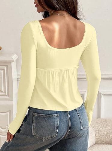 AKLOPVII Women Cute Picot Trim Peplum Crop Babydoll Tops Y2k Front Button Down Square Neck Long Sleeve Cropped T Shirts thumbnail 4