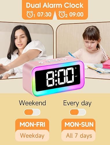 Cadmos Cute Pink Loud Alarm Clock with RGB Night Light - Perfect for Girls Room Decor and Kawaii Gifts, Small Size for Bedside or Desk Lamp in Bedrooms, Ideal for Kids, Teens (Light Pink) thumbnail 5