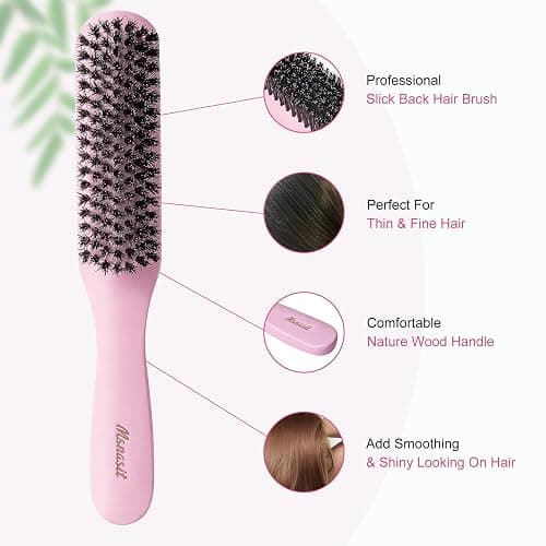 Slick Back Hair Brush, Pink Wood Handle Boar Bristles Smoothing Hairbrush, Anti-Frizz Edge Control Hair Brush for Women and Men thumbnail 2
